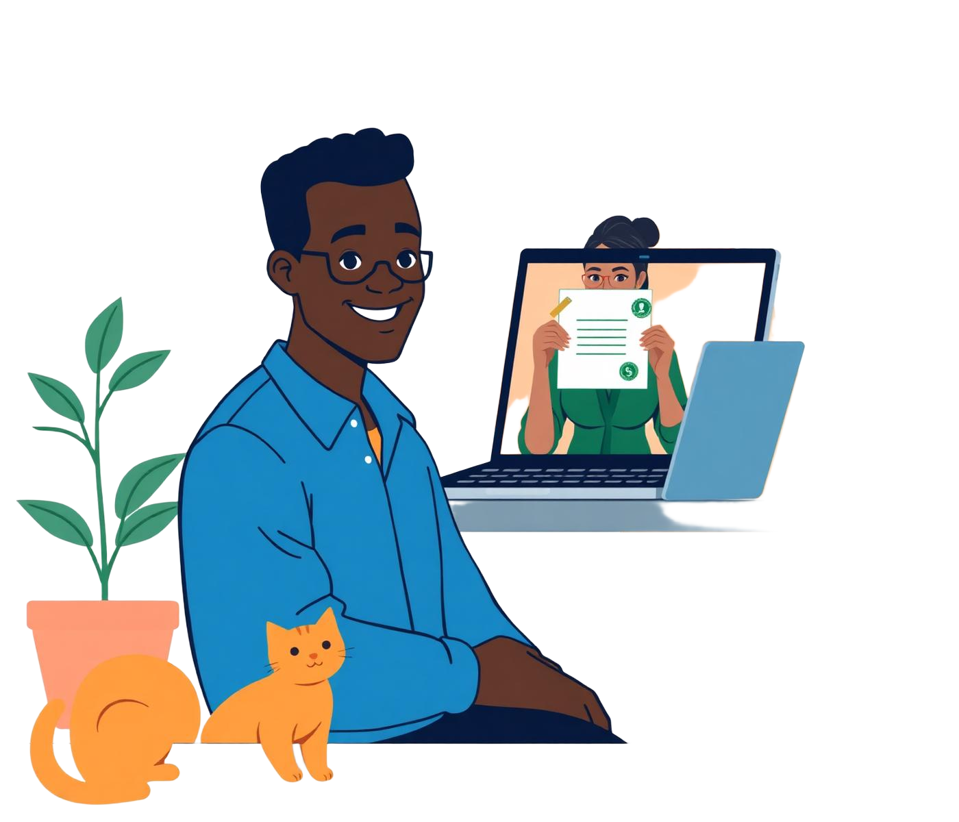 A Kenyan man on a video call with a licensed notary who is holding up a stamped document